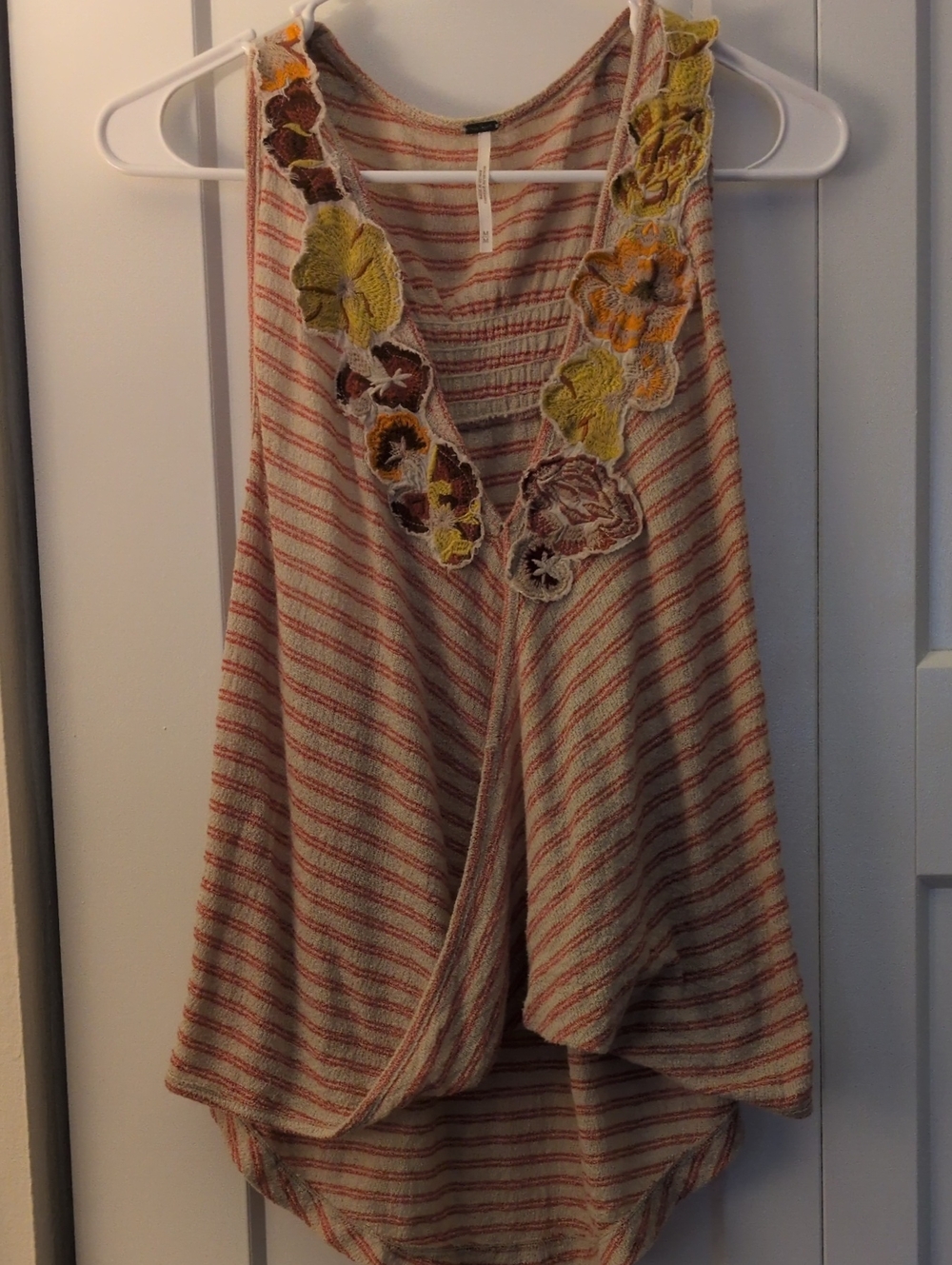 Free People Cream & Coral Striped Floral-Trim Tank